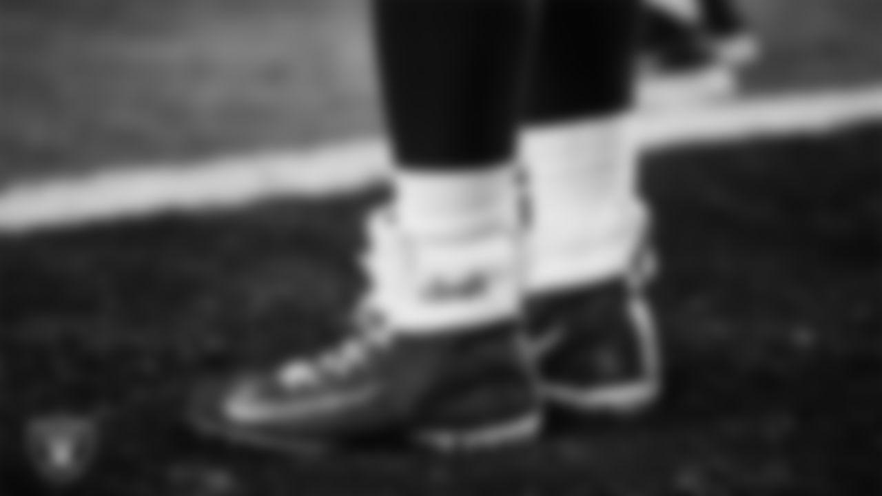 Las Vegas Raiders running back Josh Jacobs' (28) cleats before the regular season home game against the Miami Dolphins.