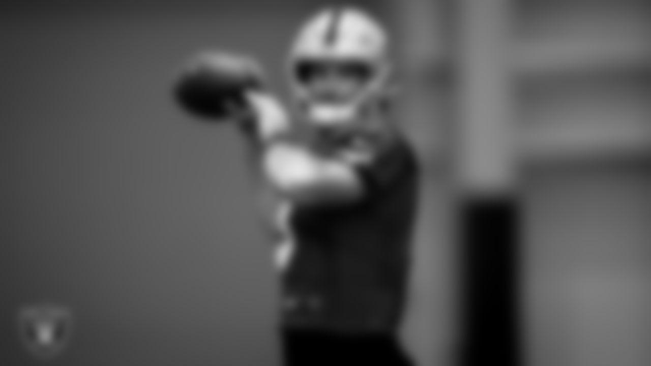 Las Vegas Raiders quarterback Nathan Peterman (3) during practice.