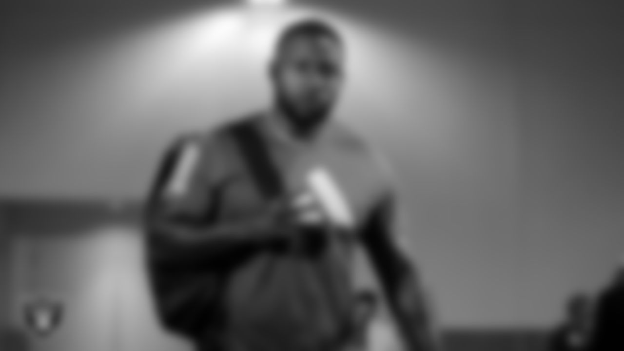 Las Vegas Raiders defensive end Yannick Ngakoue (91) arrives before the preseason game against the Los Angeles Rams at SoFi Stadium.
