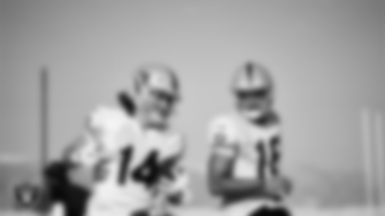 Las Vegas Raiders wide receiver Trey Quinn (14) and wide receiver Keelan Doss (18) on the field for practice at 2021 Training Camp.