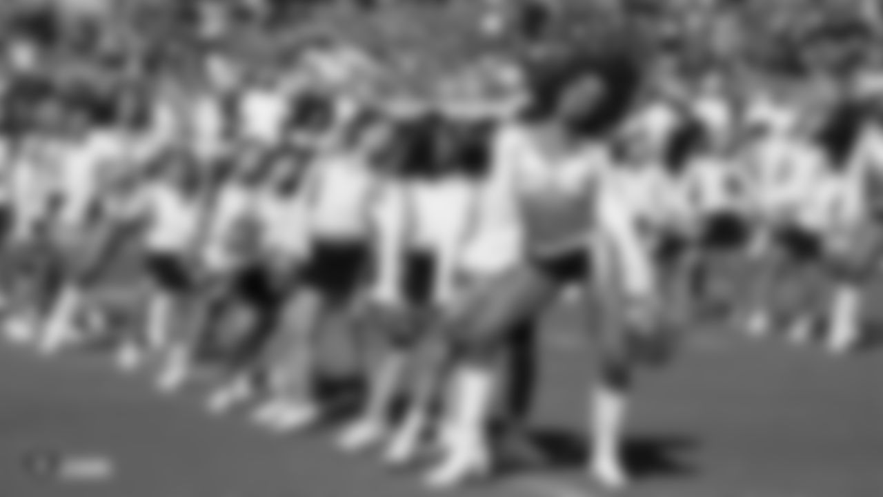 The Raiderettes and Junior Raiderettes perform on the field before the Raiders game against the Los Angeles Rams.