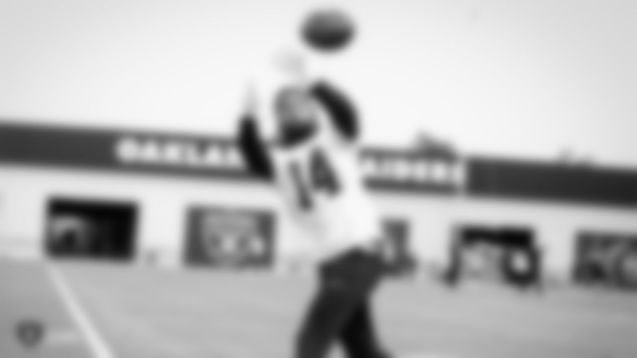 Raiders wide receiver Keon Hatcher (14) at a workout during phase two of the offseason program at the Raiders Practice Facility in Alameda, Calif.