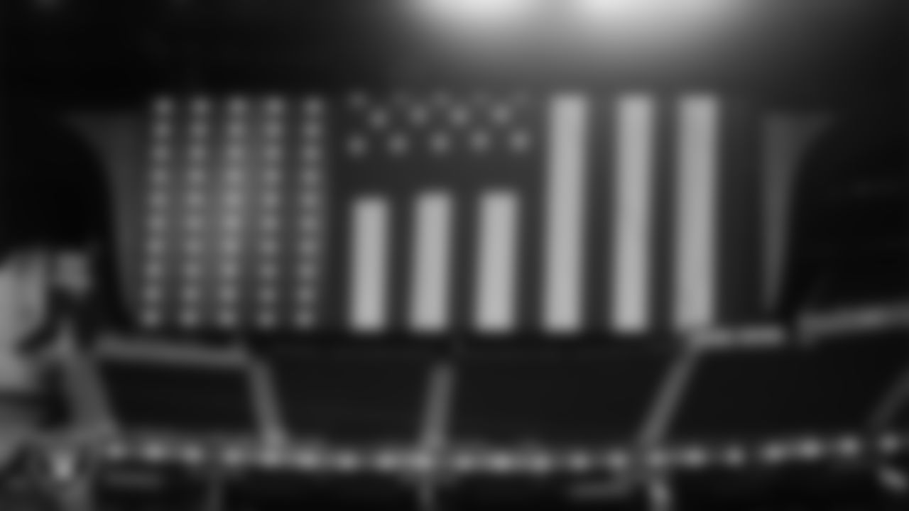 An image of the American Flag is shown on the video board during the national anthem before the Las Vegas Raiders regular season home game against the Indianapolis Colts.