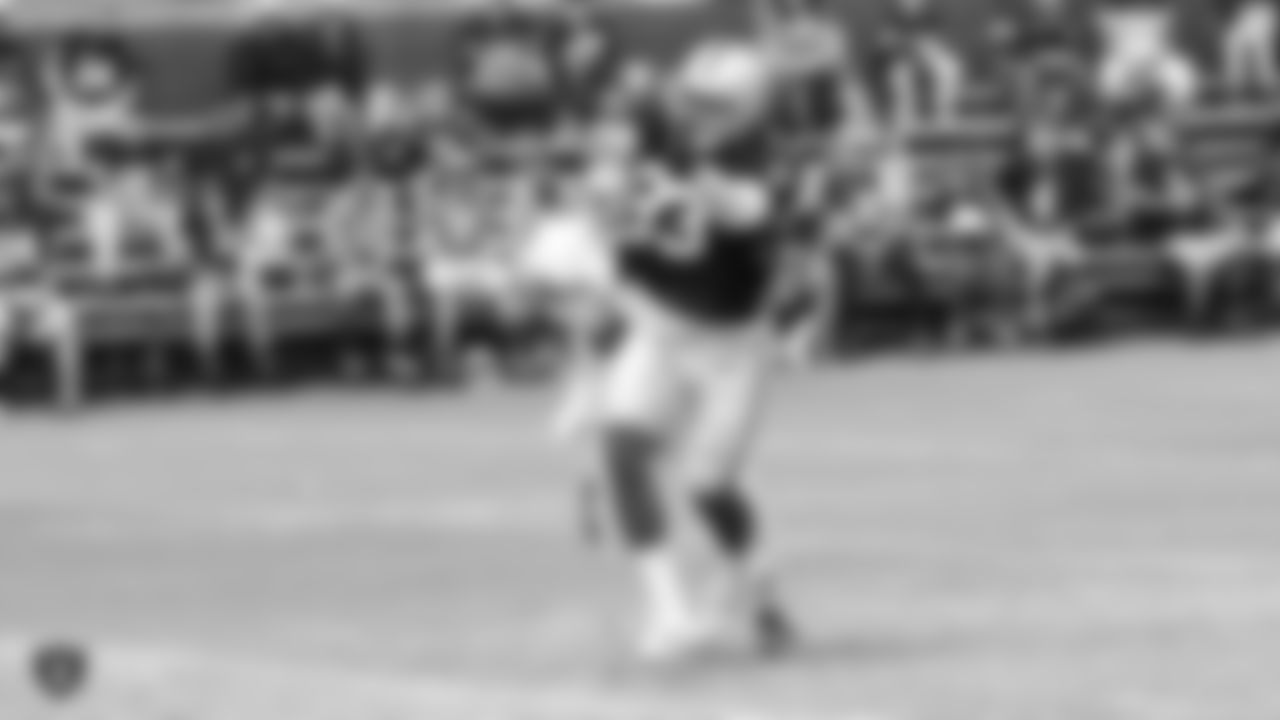 Oakland Raiders tight end Marcus Baugh (83) with a Detroit Lions player behind him on the field for practice at 2018 Training Camp at The Oakland Raiders Napa Valley Training Complex, Wednesday, August 8, 2018, in Napa, California.