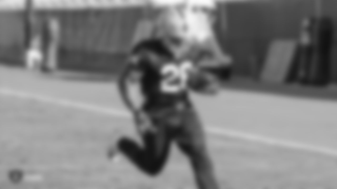 Oakland Raiders running back Doug Martin (28) on the field for practice at the Oakland Raiders Practice Facility, Friday, November 30, 2018, in Alameda, California.