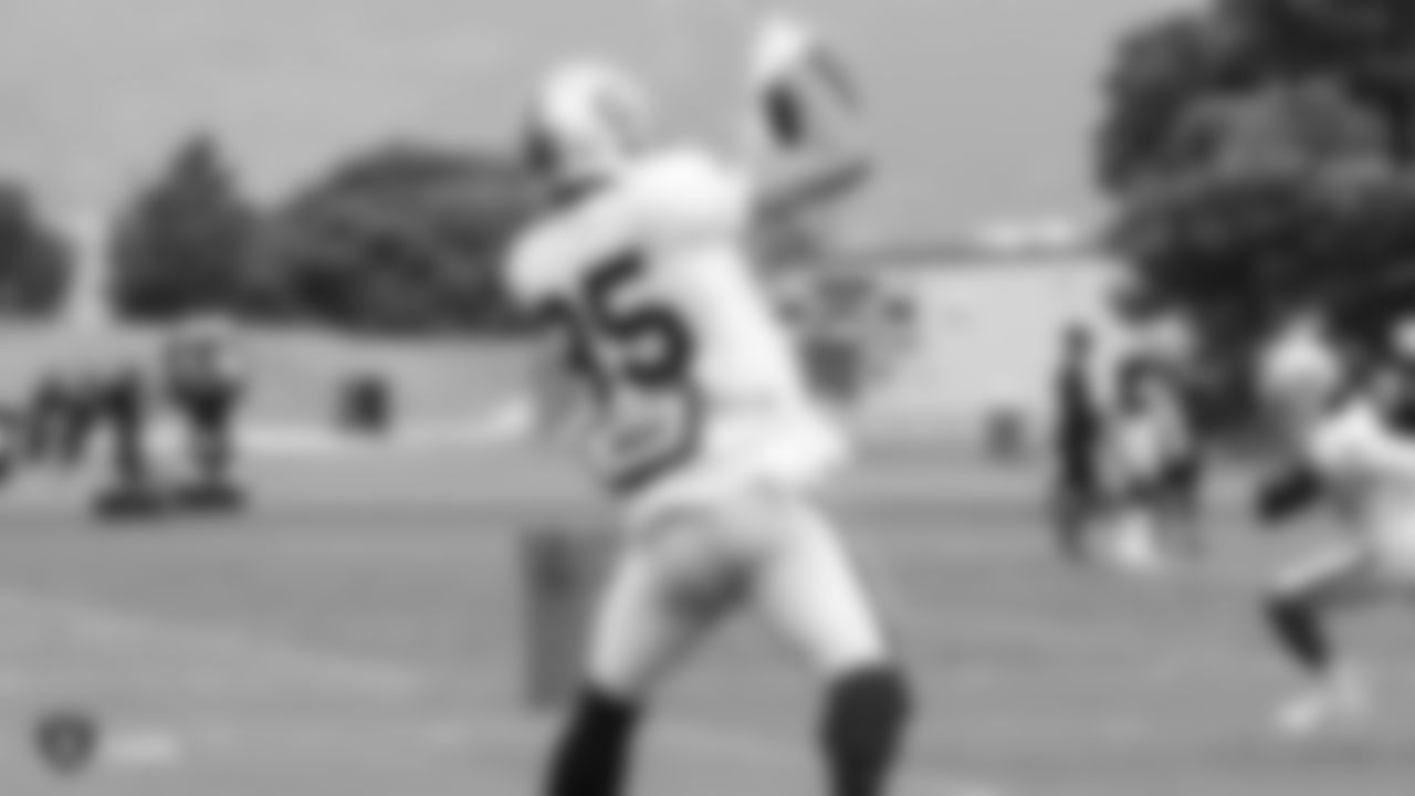 Oakland Raiders tight end Derek Carrier (85) on the field for a preseason practice at The Oakland Raiders Practice Facility, Tuesday, August 28, 2018, in Alameda, California.