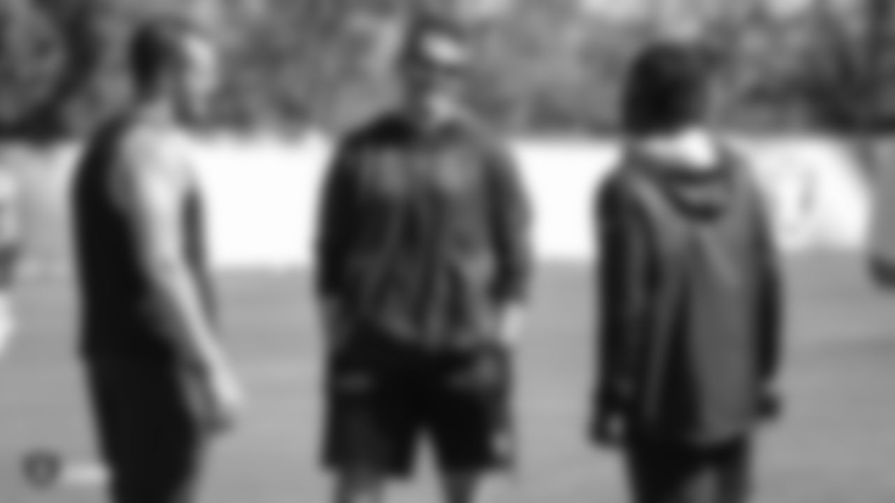 Raiders quarterback Derek Carr, wide receiver Antonio Brown and head strength and conditioning coach A.J. Neibel at a workout during phase one of the offseason program at the Raiders Practice Facility in Alameda, Calif.