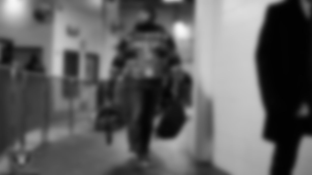 Las Vegas Raiders offensive lineman Jermaine Eluemunor (72) arrives to the regular season away game against the Pittsburgh Steelers at Acrisure Stadium.