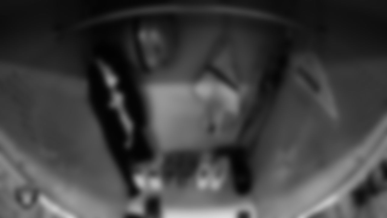 A Las Vegas Raiders' locker in the locker room prior to the Las Vegas Raiders' arrival for their regular season away game against the Los Angeles Chargers at SoFi Stadium.