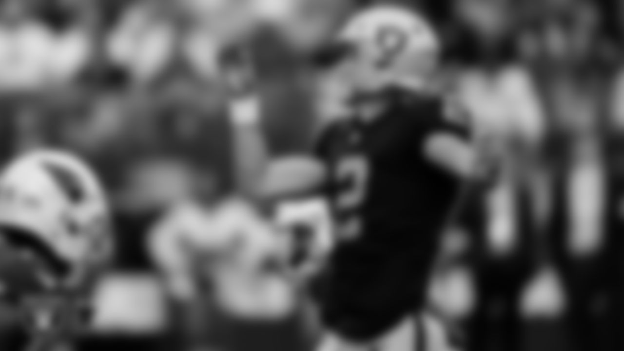 Las Vegas Raiders kicker Daniel Carlson (2) kicks a 25-yard field goal during the regular season home game against the Arizona Cardinals at Allegiant Stadium.