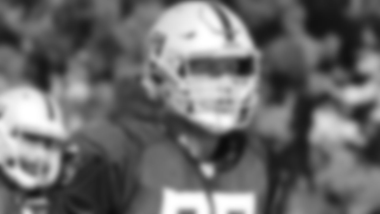 Oakland Raiders offensive tackle Kolton Miller (77) on the field for practice at The Oakland Raiders Practice Facility, Wednesday, October 24, 2018, in Alameda, California.
