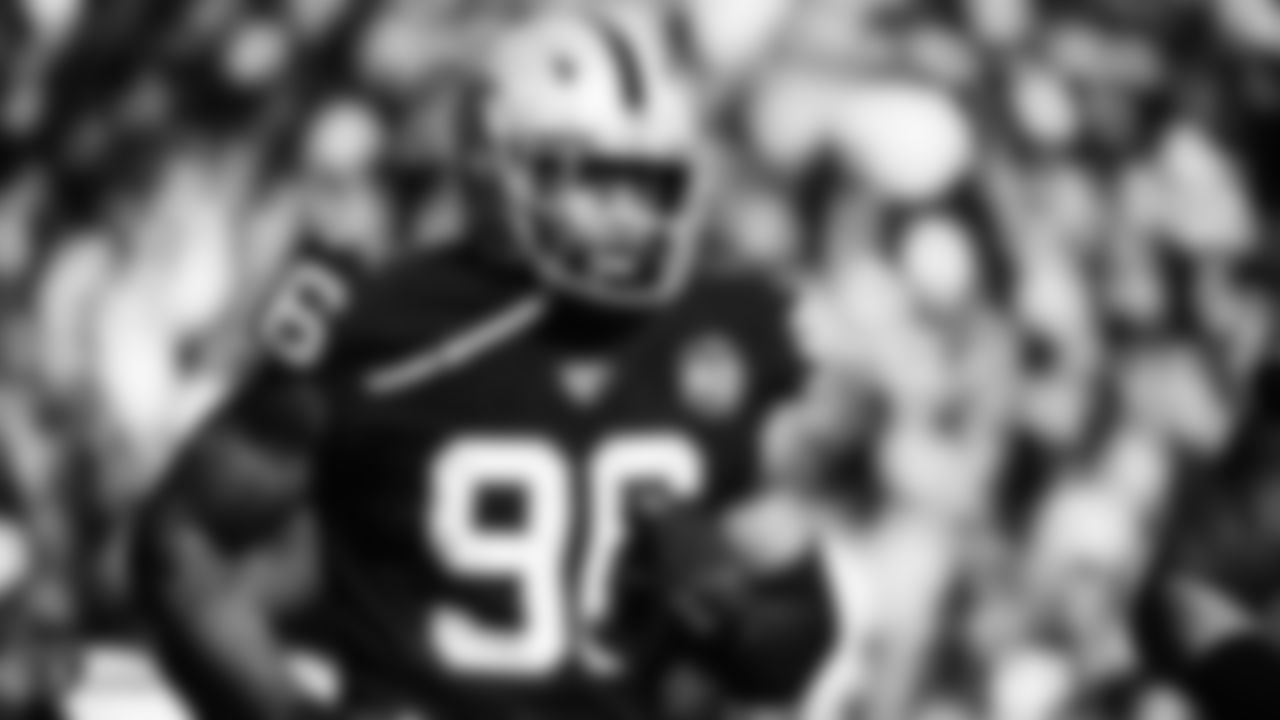 Oakland Raiders defensive end Clelin Ferrell (96) runs on the field during the regular season game against the Jacksonville Jaguars.