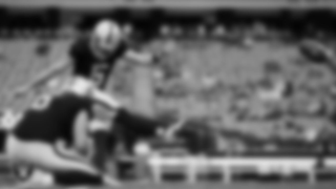Las Vegas Raiders punter AJ Cole (6) and kicker Dominik Eberle (5) warming up before the preseason home game against the Seattle Seahawks at Allegiant Stadium.