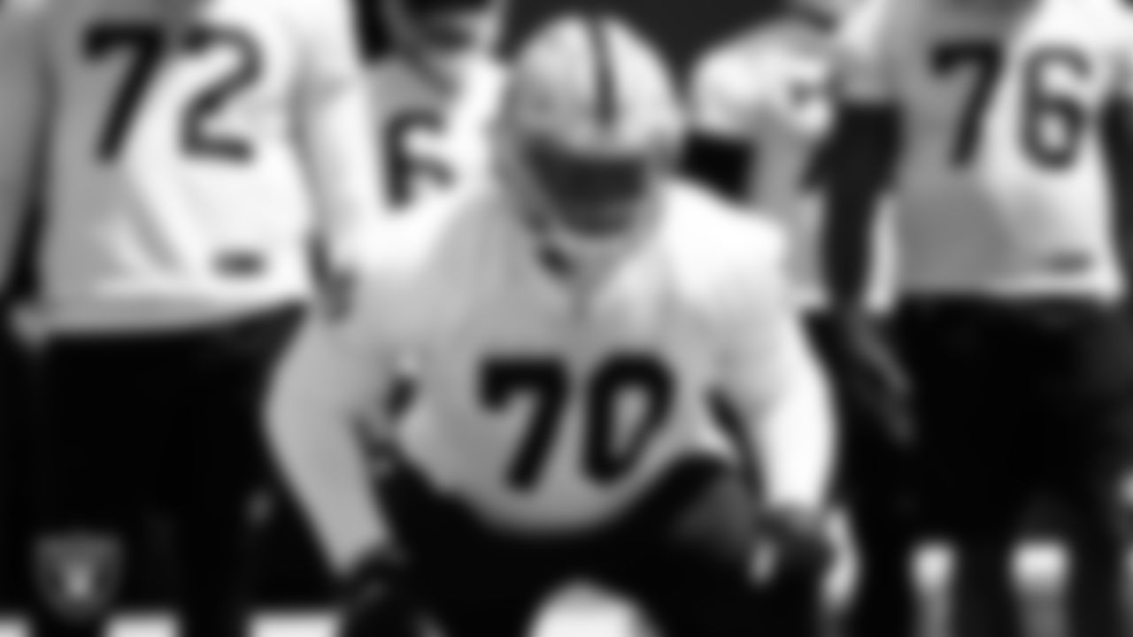 Las Vegas Raiders offensive lineman Alex Leatherwood (70) at an Organized Team Activity (OTA).