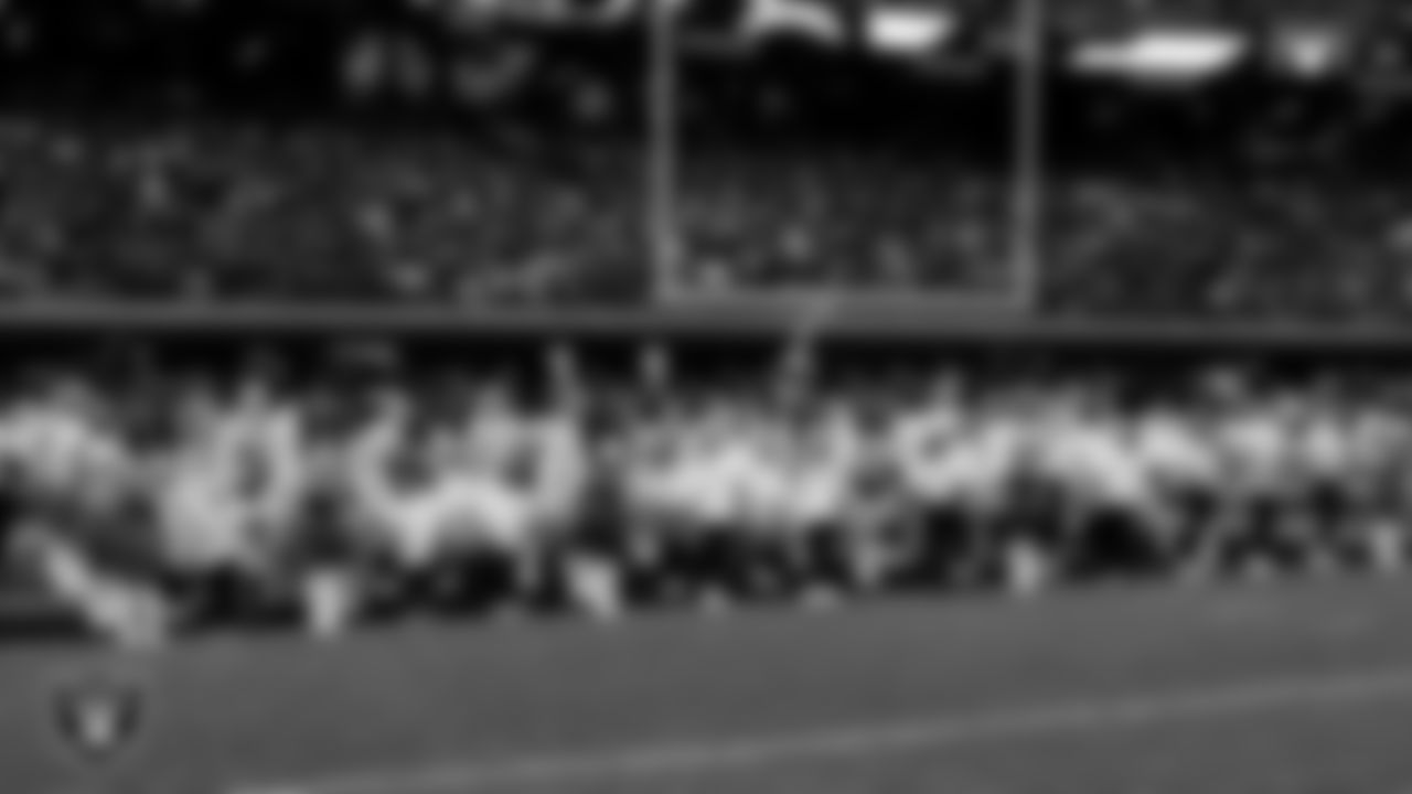 The Raiderettes and Junior Raiderettes wait to take the field for a performance before the regular season home game against the Los Angeles Chargers at Allegiant Stadium.
