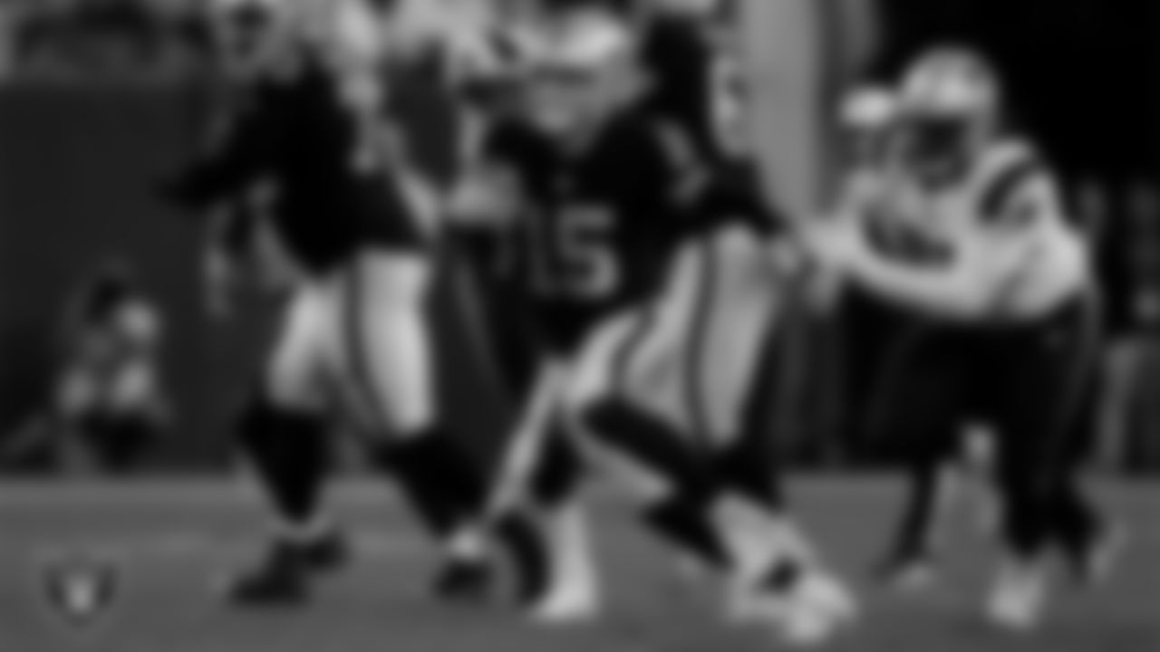 Las Vegas Raiders quarterback Chase Garbers (15) during the preseason home game against the New England Patriots at Allegiant Stadium.