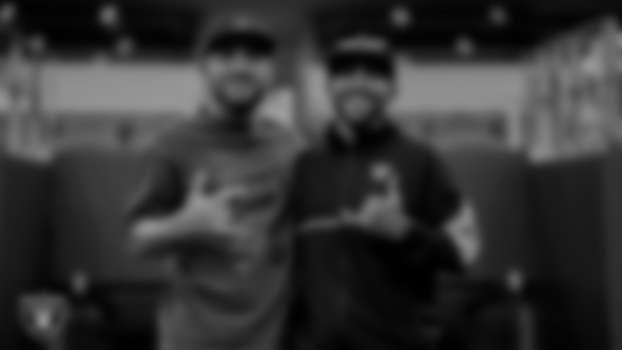 Las Vegas Raiders offensive assistant and assistant wide receivers coach Matt Lombardi and offensive coordinator Mick Lombardi before the Las Vegas Raiders' preseason away game against the Dallas Cowboys at AT&T Stadium.