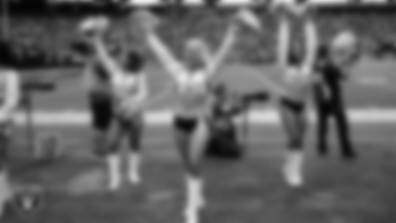 Raiderette Jennifer on the sidelines during the regular season home game against the Indianapolis Colts at Allegiant Stadium.