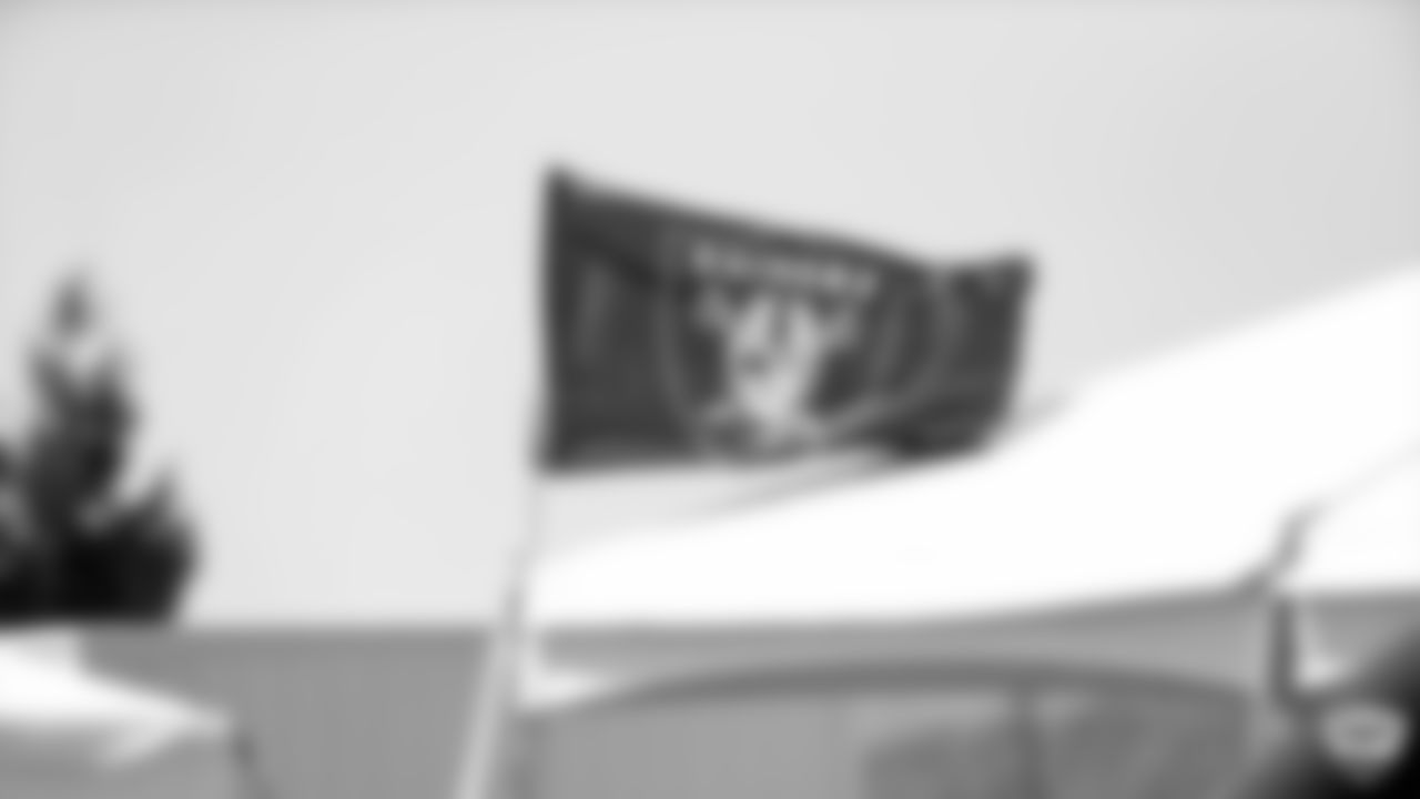 A Raiders flag on the field for practice at 2019 Training Camp.