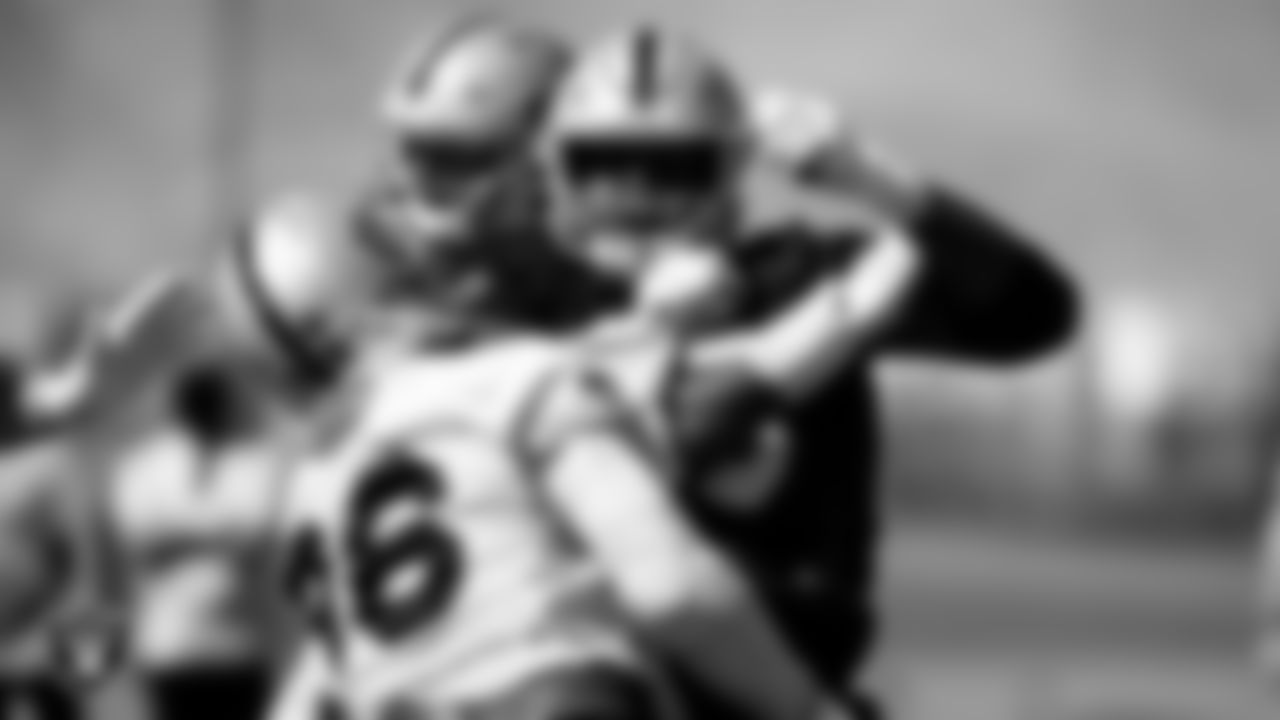 Las Vegas Raiders defensive end Clelin Ferrell (96) and tackle Brandon Parker (75) during practice.