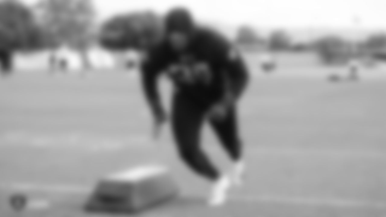 Raiders defensive end Arden Key (99) at a workout during phase two of the offseason program at the Raiders Practice Facility in Alameda, Calif.