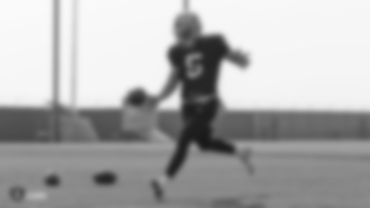 Oakland Raiders punter Johnny Townsend (5) on the field for practice at the Oakland Raiders Practice Facility, Friday, November 9, 2018, in Alameda, California.