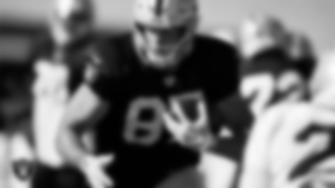 Las Vegas Raiders tight end Foster Moreau (87) during practice at Intermountain Healthcare Performance Center.