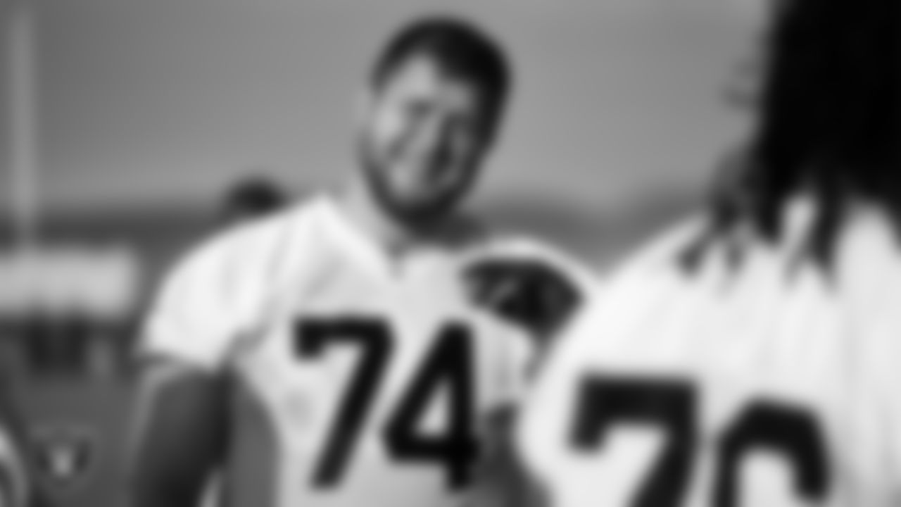 Las Vegas Raiders tackle Kolton Miller (74) on the field for practice at 2021 Training Camp.