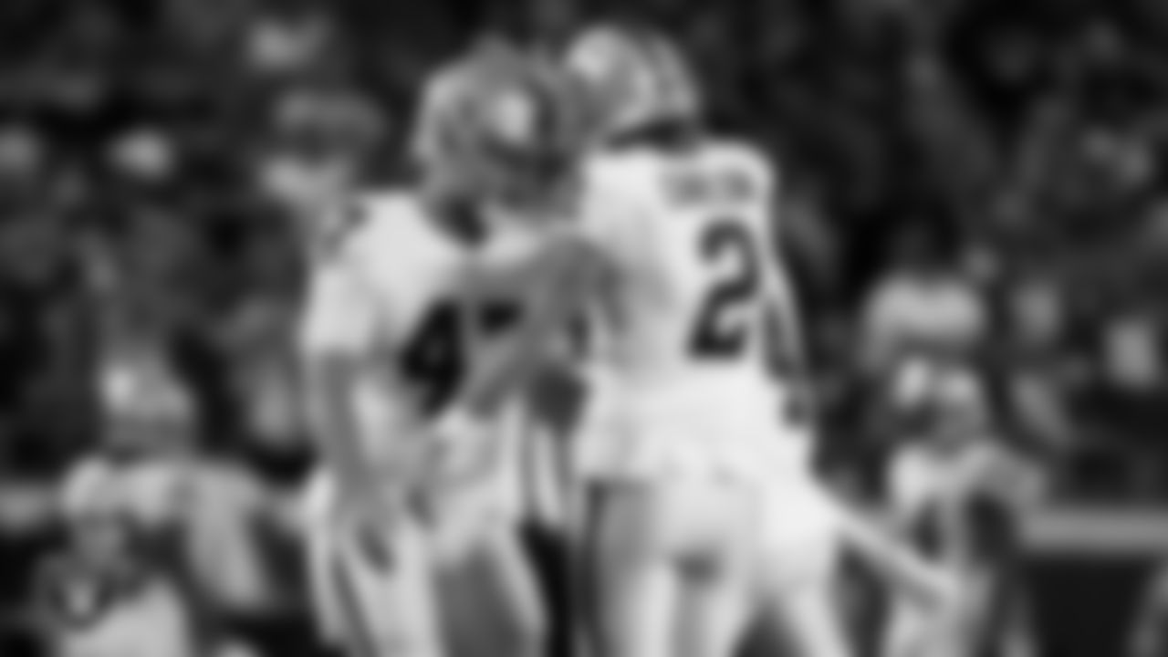 Las Vegas Raiders kicker Daniel Carlson (2) is congratulated by long snapper Trent Sieg (47) after making a 53-yard field goal during the regular season away game against the Kansas City Chiefs at GEHA Field at Arrowhead Stadium.