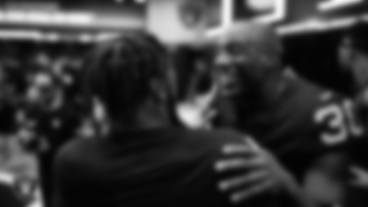 Las Vegas Raiders cornerback Javelin Guidry (31) and safety Duron Harmon (30) in the locker room after the regular season home game against the Houston Texans at Allegiant Stadium.