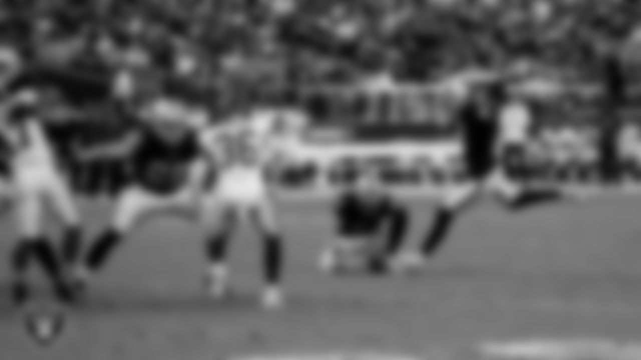 Las Vegas Raiders kicker Daniel Carlson (2) kicks a 38-yard field goal during the regular season home game against the Washington Football Team at Allegiant Stadium.