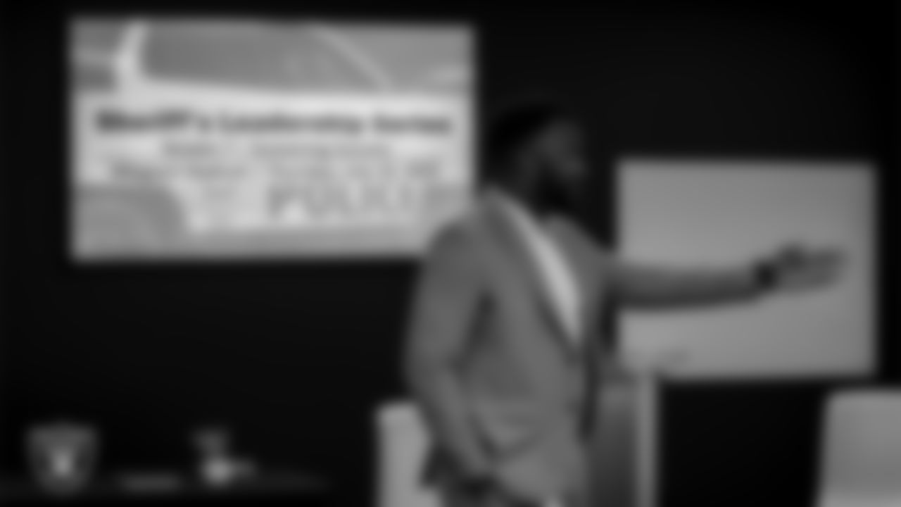 Las Vegas Raiders Senior Vice President and Chief of Staff Marcel Reece speaks to officers and officials of the Las Vegas Metropolitan Police Department.