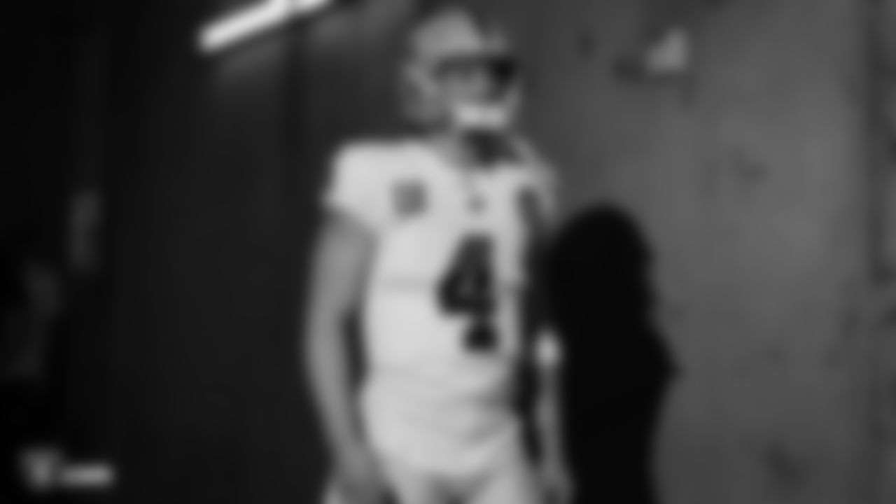 The Raiders head to the field before the regular season game against the Los Angeles Chargers at ROKiT Field at Dignity Health Sports Park.