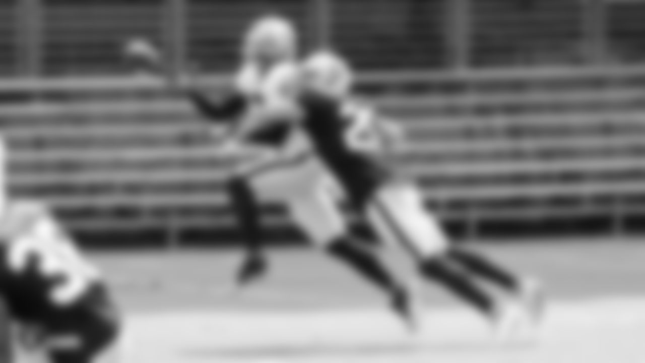 Oakland Raiders wide receiver and return specialist Dwayne Harris (17) and safety Erik Harris (25) on the field for practice at 2018 Training Camp at The Oakland Raiders Napa Valley Training Complex, Wednesday, August 1, 2018, in Napa, California.