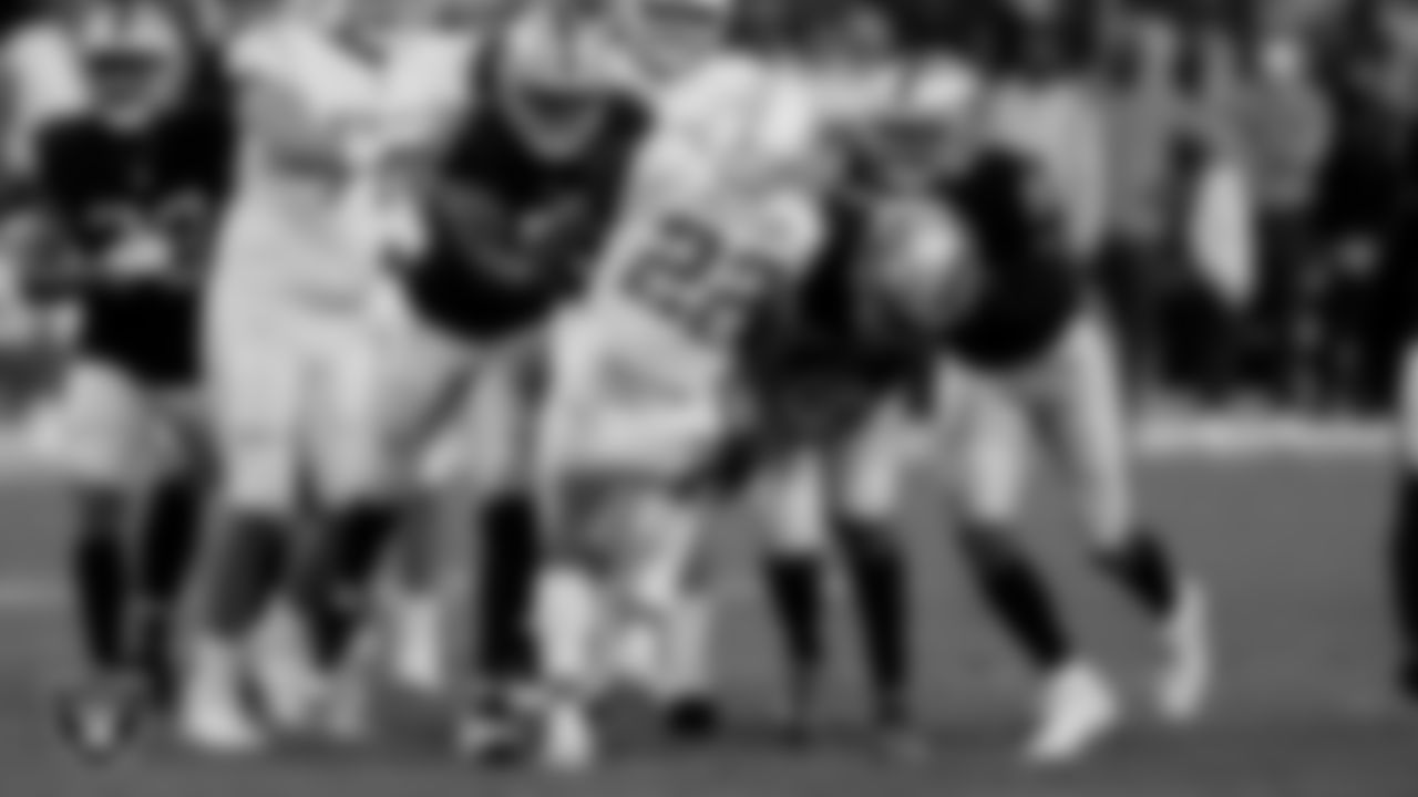 Las Vegas Raiders linebacker Divine Deablo (5), defensive tackle Quinton Jefferson (77) and defensive end Clelin Ferrell (99) during the regular season home game against the Los Angeles Chargers.