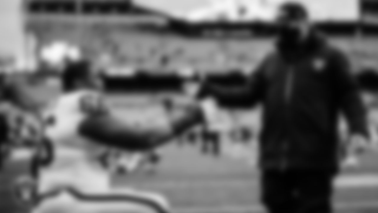 Las Vegas Raiders guard Gabe Jackson (66) and Head Coach Jon Gruden before the regular season away game against the Cleveland Browns.