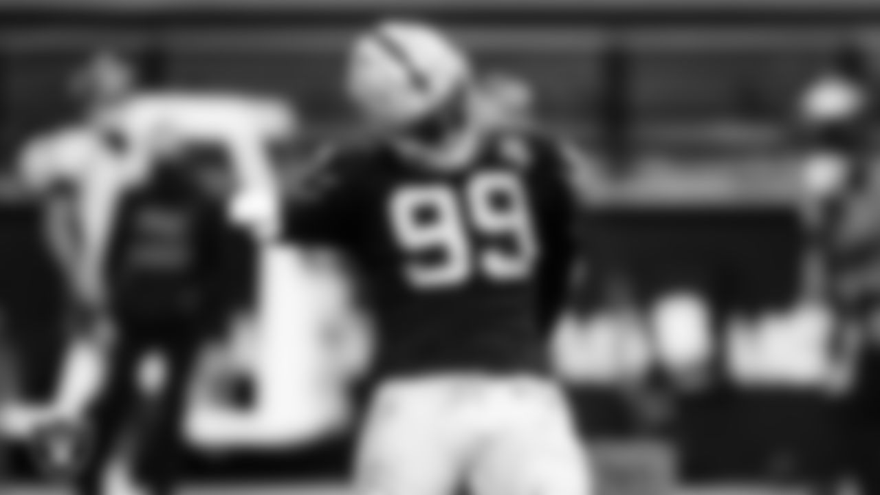 Las Vegas Raiders defensive end Arden Key (99) celebrates during the regular season home game against the Denver Broncos.