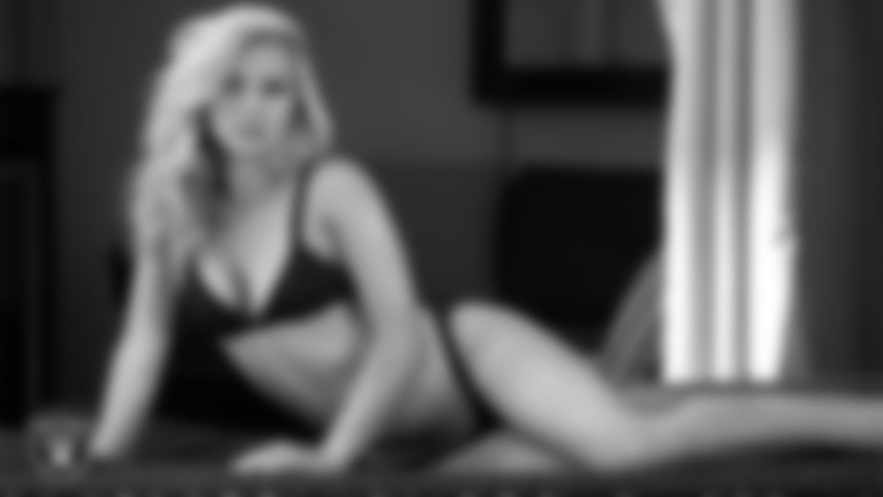 Raiderette Rachel poses for the 2021 Raiderettes Swimsuit Photoshoot at The Mirage Resort and Casino.