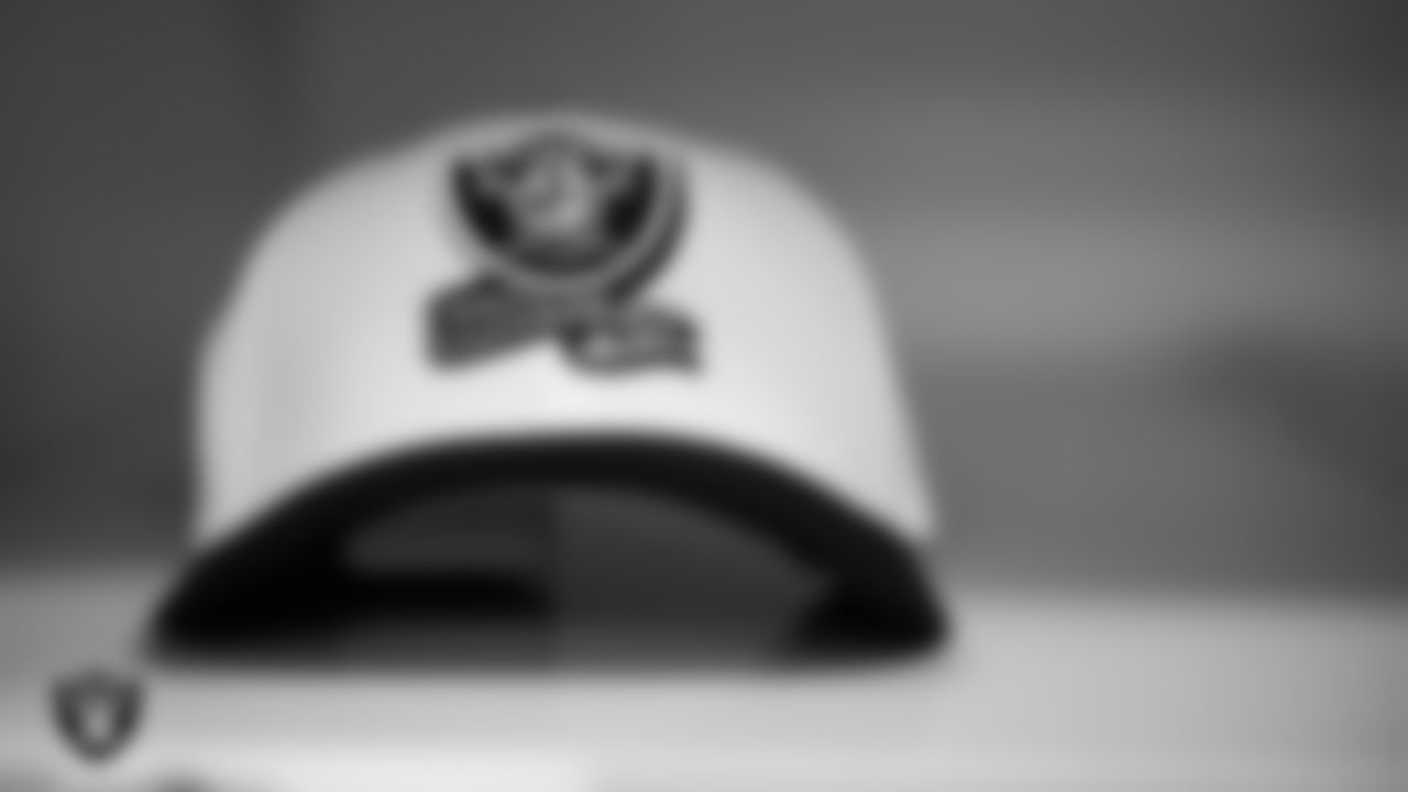 A Las Vegas Raiders hat in the locker room prior to the Raiders' arrival for their regular season away game against the Los Angeles Rams at SoFi Stadium.
