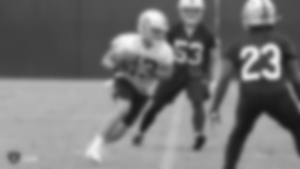 Raiders wide receiver Hunter Renfrow (13) on the field for practice.