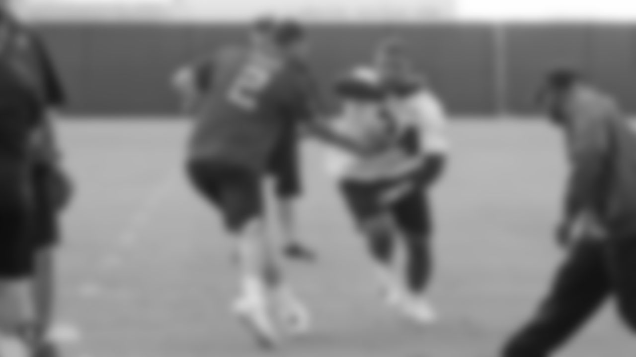 Raiders quarterback Landry Jones (2) and running back Chris Warren III (34) at a workout during phase two of the offseason program at the Raiders Practice Facility, in Alameda, Calif.