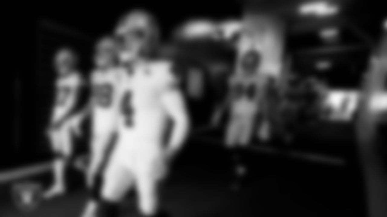 Las Vegas Raiders quarterback Derek Carr (4) walks down the tunnel before the regular season away game against the Pittsburgh Steelers.