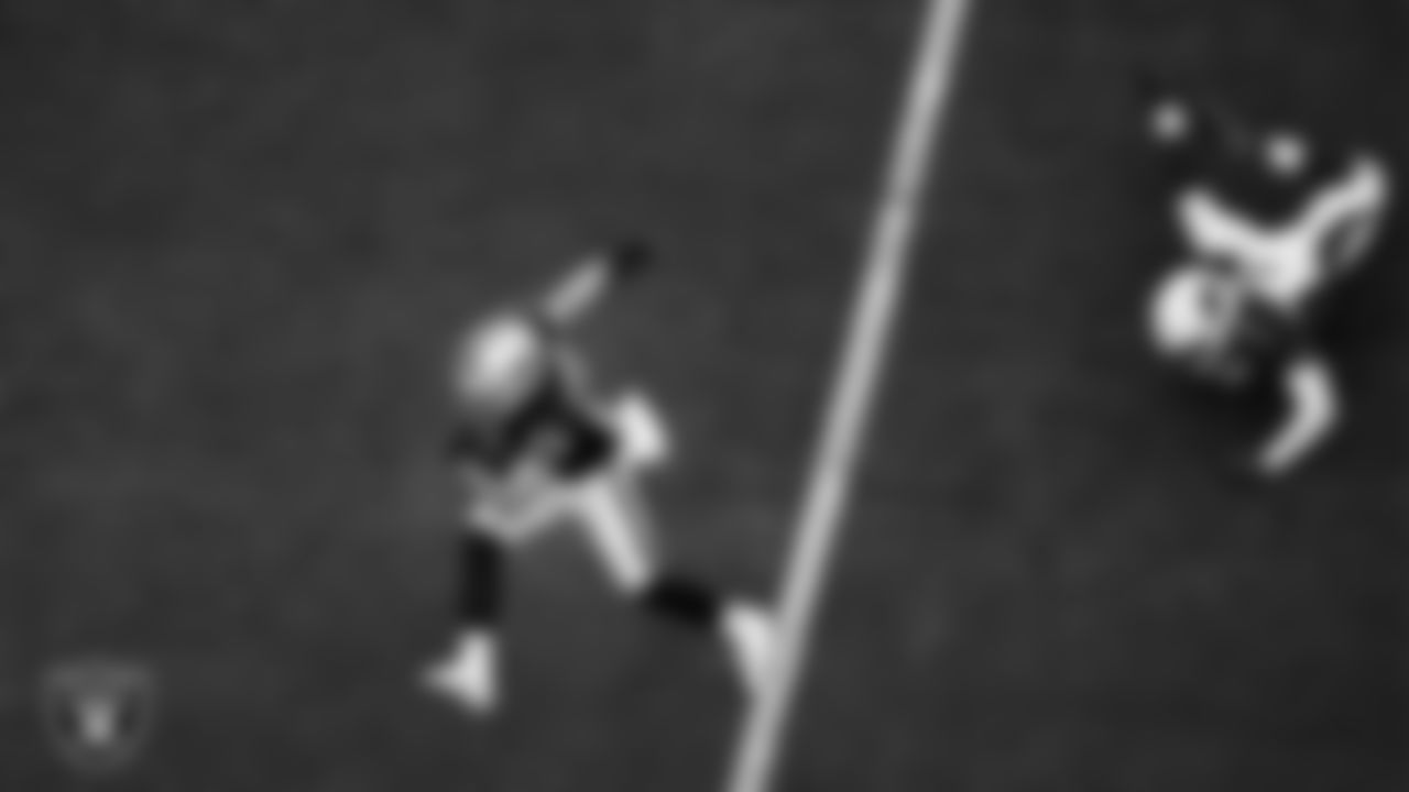 Las Vegas Raiders wide receiver Hunter Renfrow (13) runs after making a catch during the regular season home game against the Arizona Cardinals at Allegiant Stadium.