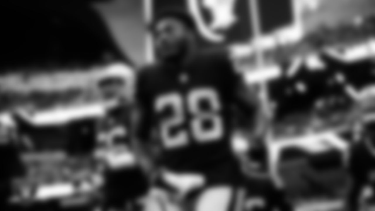Las Vegas Raiders running back Josh Jacobs (28) during the team introduction before the regular season home game against the Houston Texans at Allegiant Stadium.