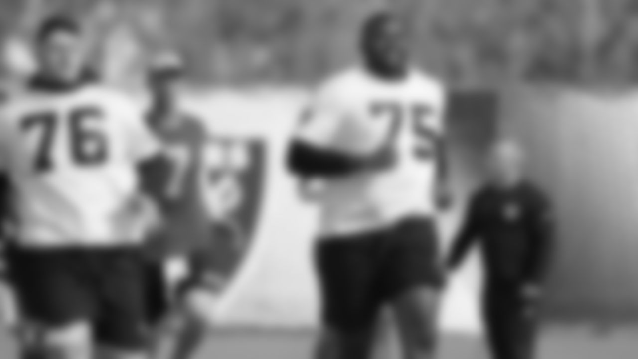 Raiders tackles Brandon Parker and Tyler Roemer at a workout during phase two of the offseason program at the Raiders Practice Facility in Alameda, Calif.