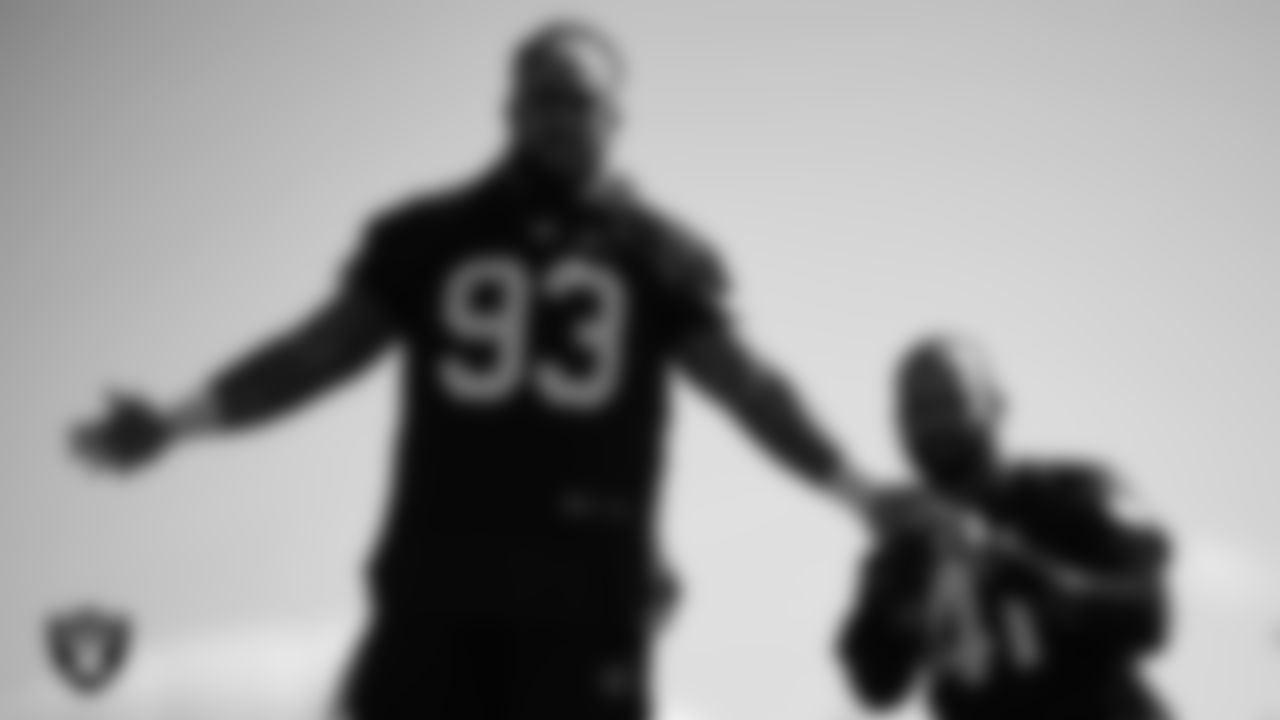 Las Vegas Raiders defensive tackle Kyle Peko (93) and safety Matthias Farley (41) during practice.