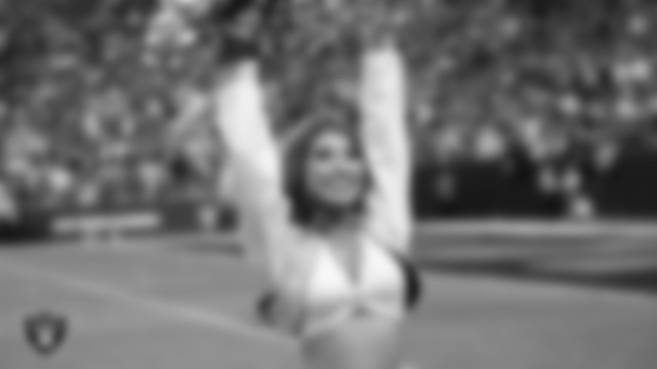 Raiderette Katsura on the sidelines during the regular season home game against the Los Angeles Chargers at Allegiant Stadium.