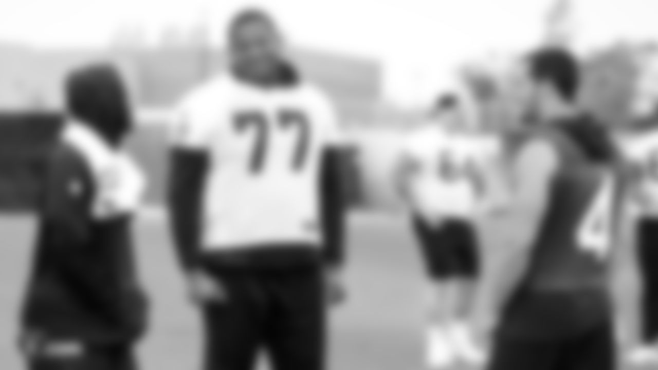 Raiders wide receiver Antonio Brown (84), tackle Trent Brown (77), and quarterback Derek Carr (4) at an Organized Team Activity (OTA) at the Raiders Practice Facility in Alameda, Calif.