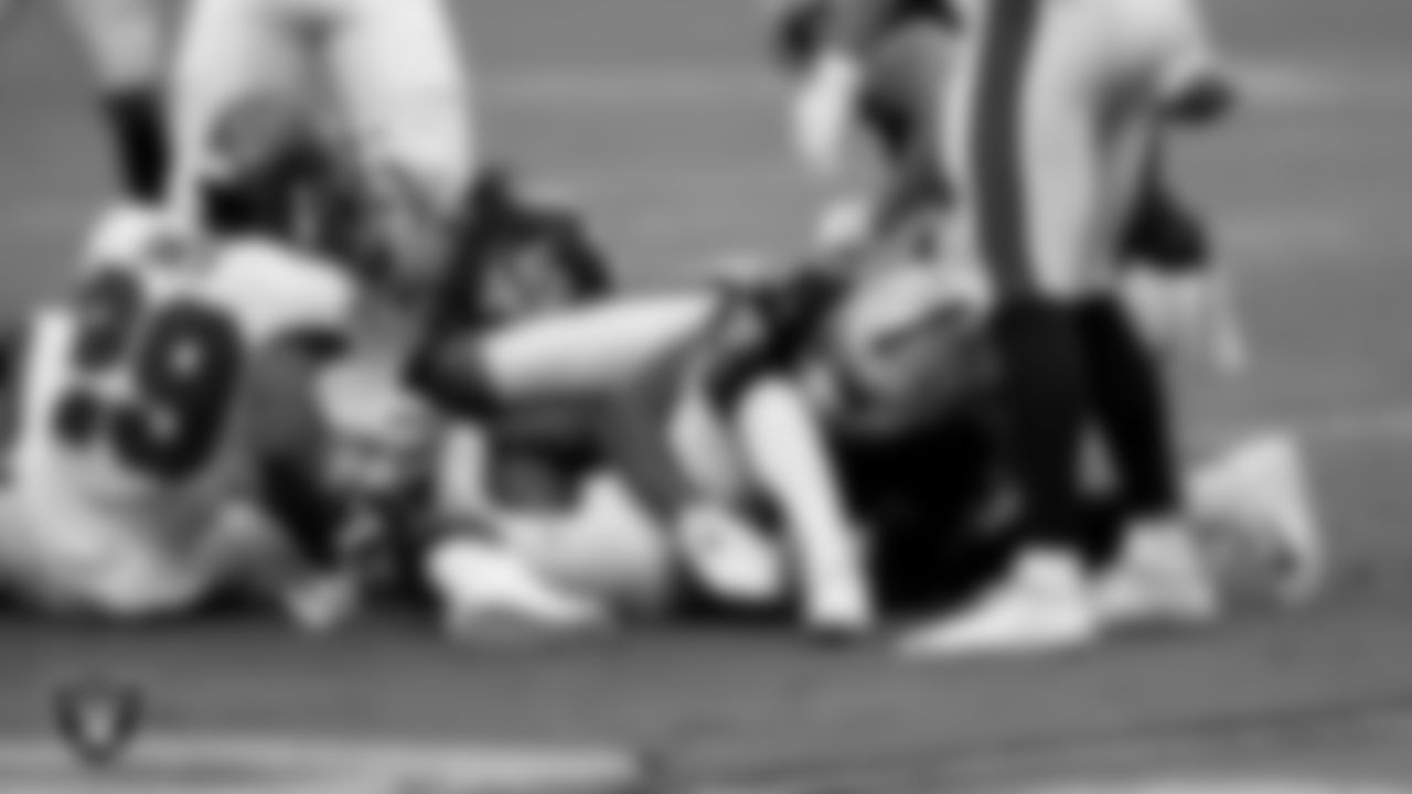 Las Vegas Raiders fullback Alec Ingold (45) and linebacker Raekwon McMillan (54) during the regular season game against the Tampa Bay Buccaneers at Allegiant Stadium.
