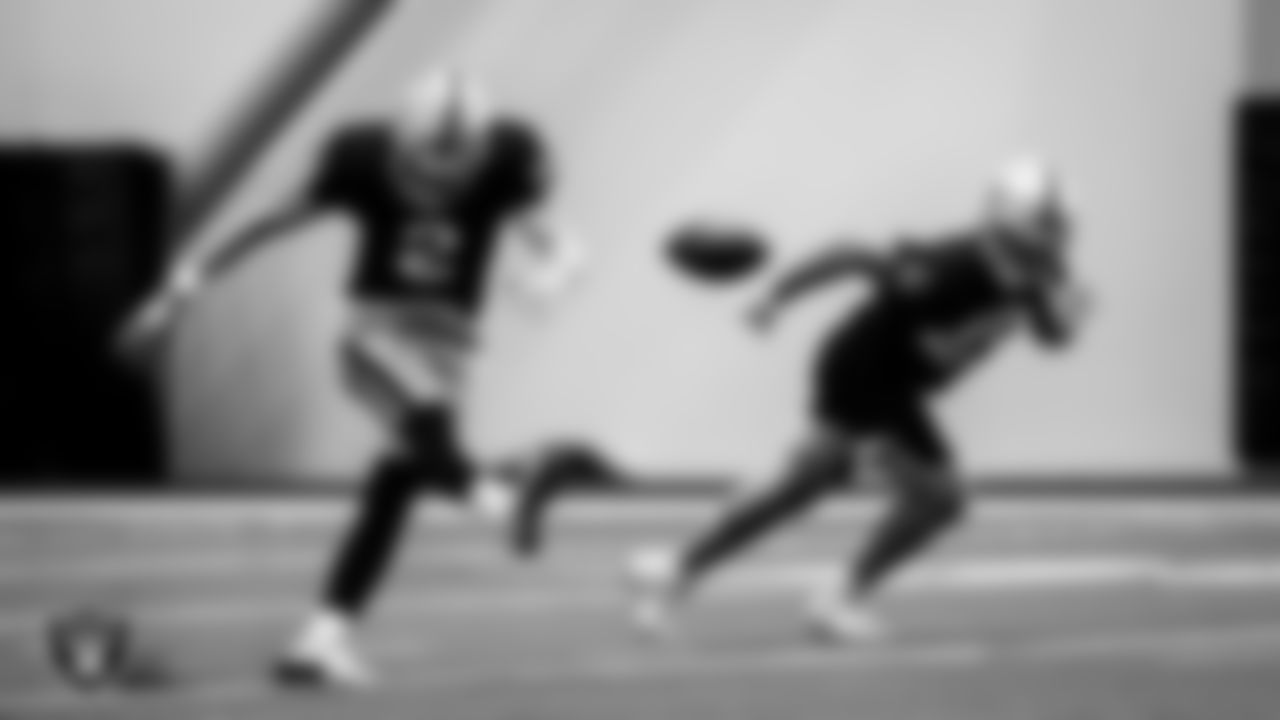Las Vegas Raiders kicker Daniel Carlson (2) and fullback Alec Ingold (45) during practice.